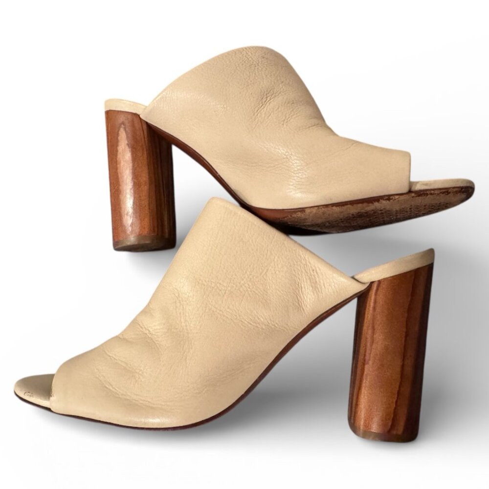 Tory Burch Raya Leather Open Toe Block Heel Mules Cream | Women’s 9.5 Designer - Picture 7 of 9